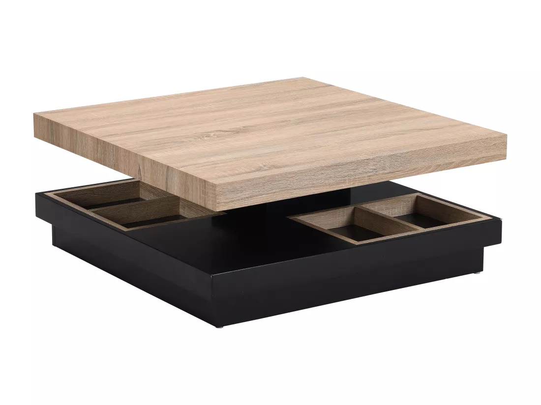 Table basse - Plateau pivotant - MDF laqué noir et naturel - FAUSTO
