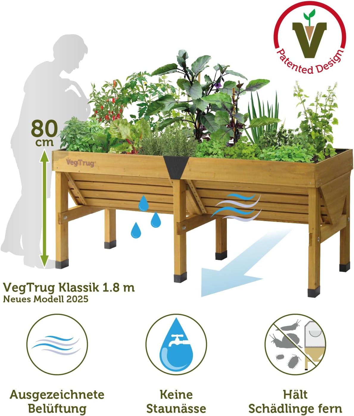 VegTrug Classic V2 1,8m Hochbeet, Natur, Pflanztiefe für flach und tief wurzelndes Gemüse, 100% FSC zertifiziertes Holz, 183 x 76 x 80 cm