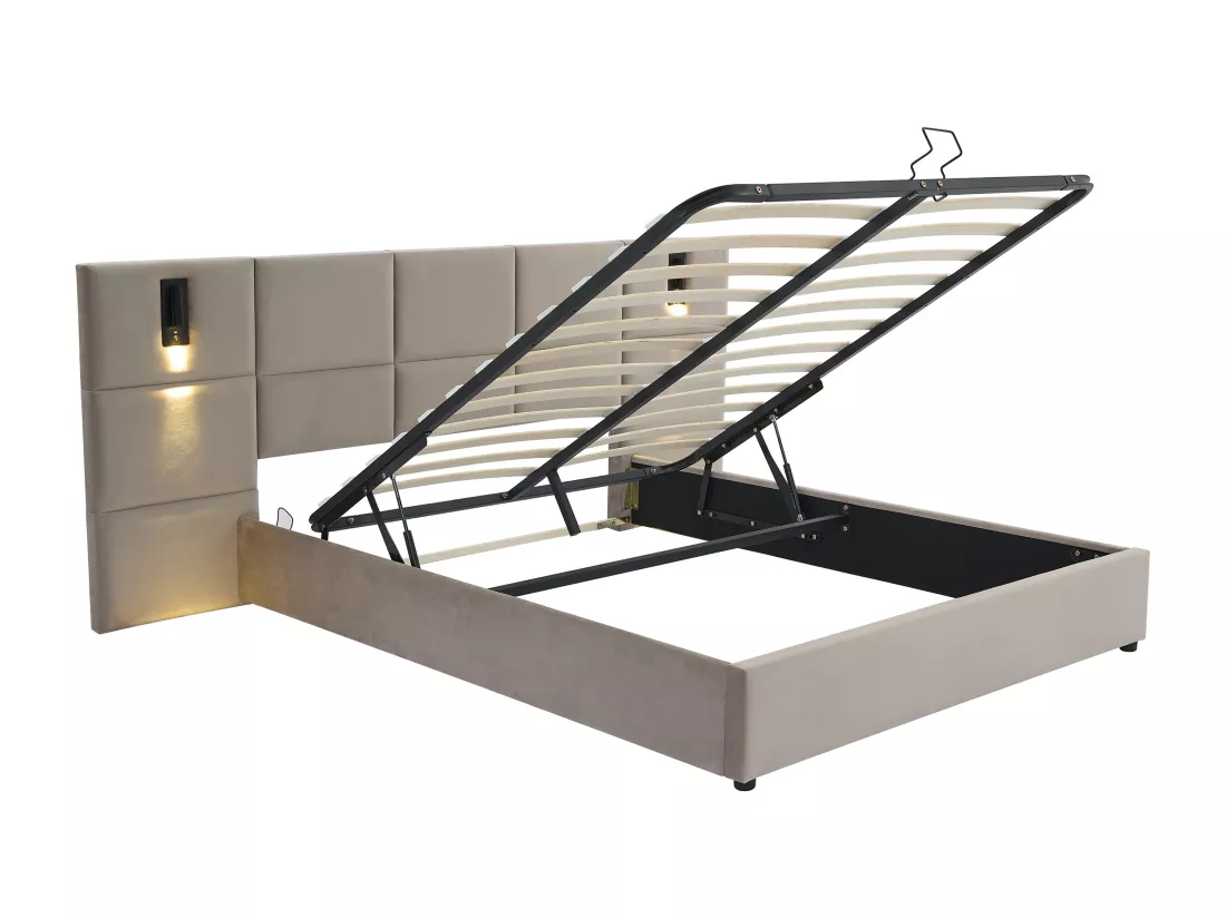 Lit coffre 180 x 200 cm avec tête de lit et lampe intégrée - Velours - Taupe - SARETO