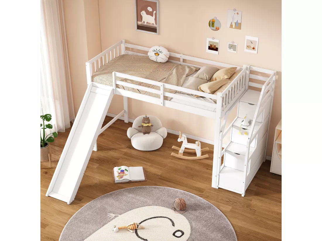 Lit mezzanine 90x200cm en bois de pin - avec toboggan et échelle de rangement - Blanc
