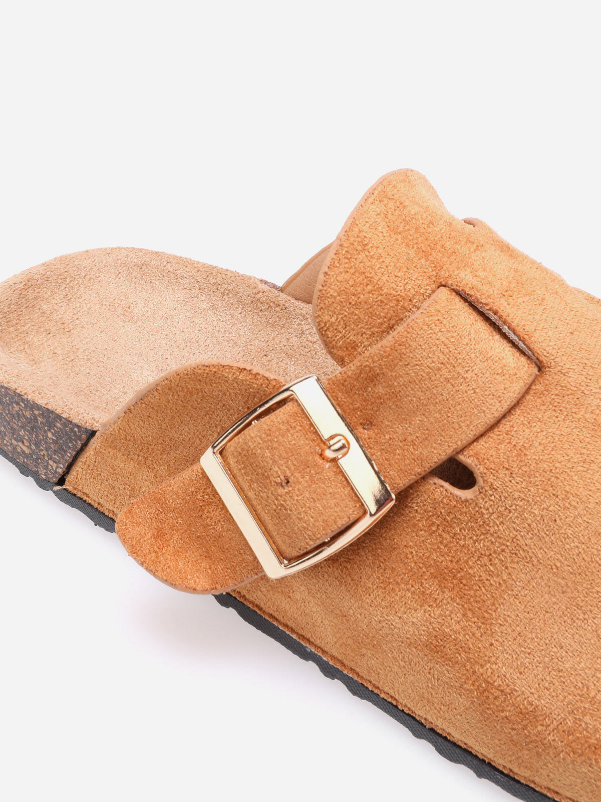 Mules plates à boucle dorée- Camel