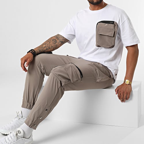 Ensemble Tee Shirt Poche Et Pantalon Jogging F22-909T Taupe Blanc