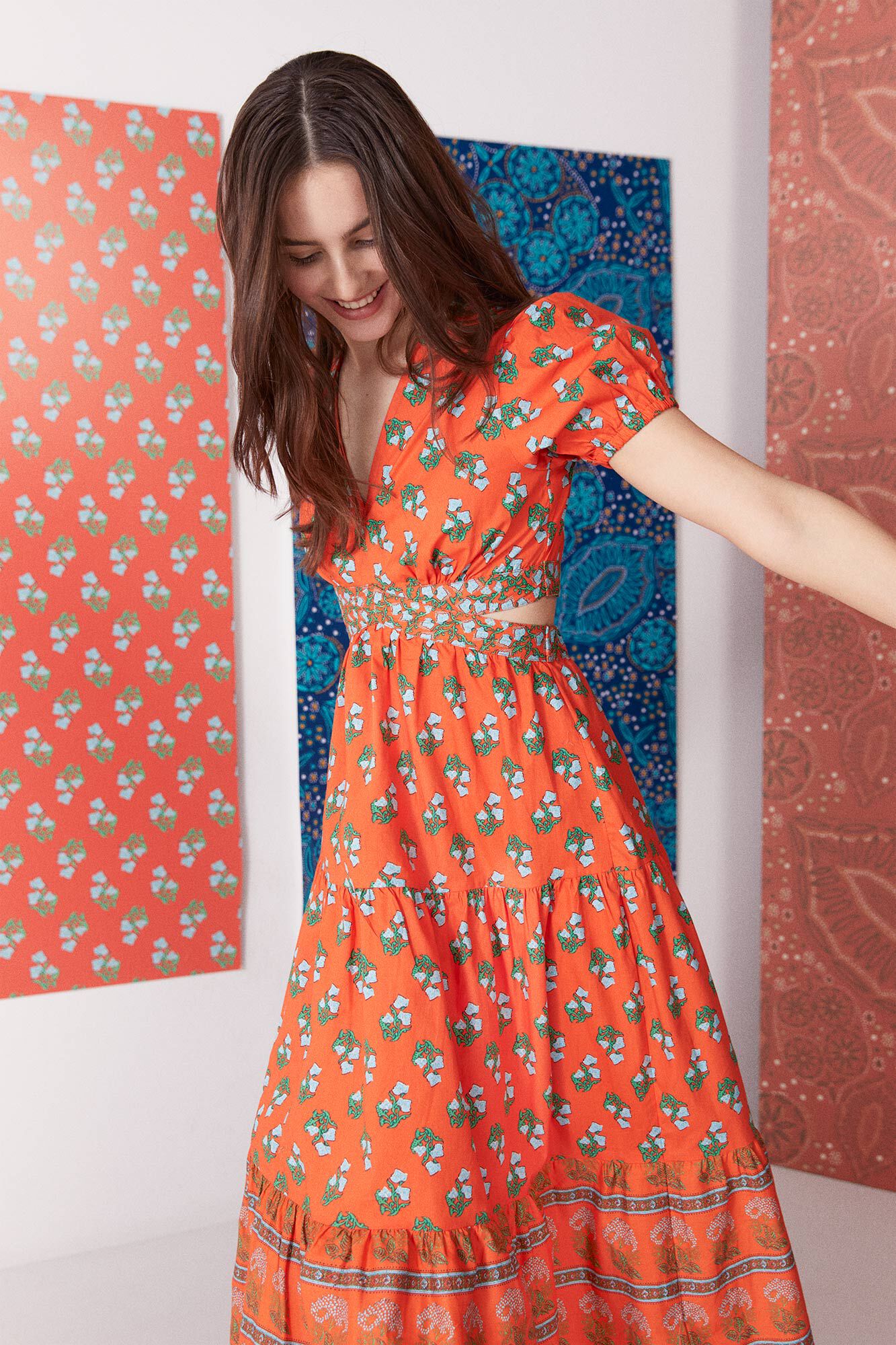 Vestido midi Popelín com costas abertas - laranja