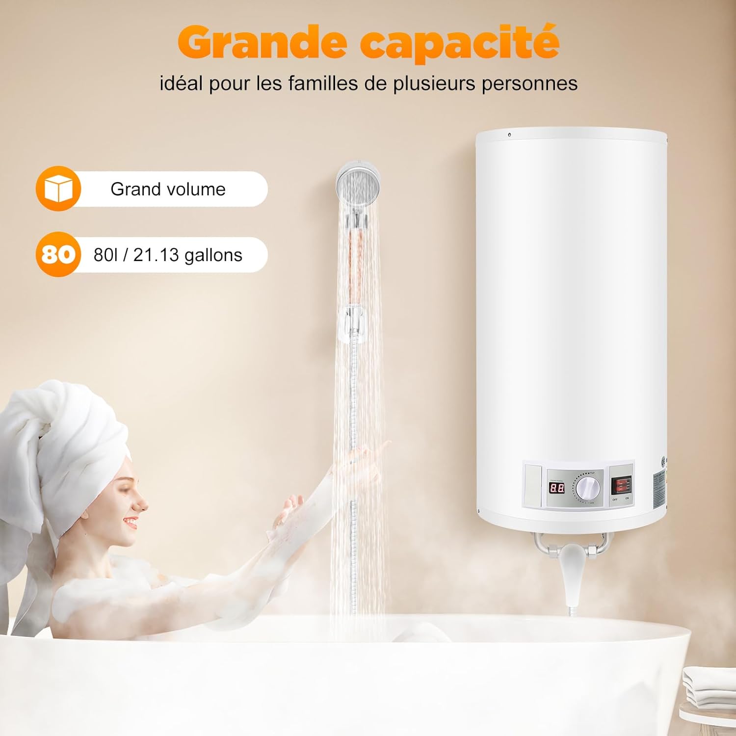 Elektrischer Warmwasserspeicher 80L Warmwasserboiler 2000W Wandhängend Elektrospeicher, Heizleistung Boiler, Wasserboiler, Emaillierter Innenbehälter, LED-Bildschirm, 220V (80L 2000W 77-167°F)