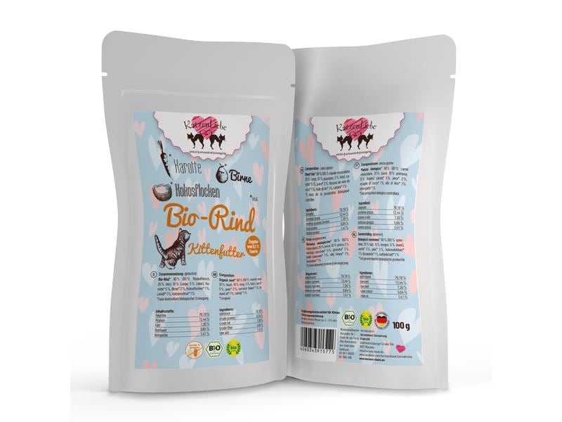 KatzenLiebe Nassfutter Kitten Bio-Rind mit Bio-Karotte, 100 Premium Bio-Ergänzungsfuttermittel für erwachsene Katzen