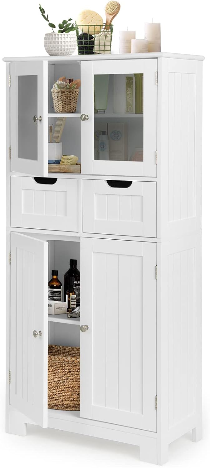 GIANTEX Badezimmerschrank, Badschrank mit 2 Schubladen, 4 Türen & verstellbaren Ablagen, 60 x 30 x 128cm, Aufbewahrungsschrank für Küche, Badezimmer & Wohnzimmer (Weiß)