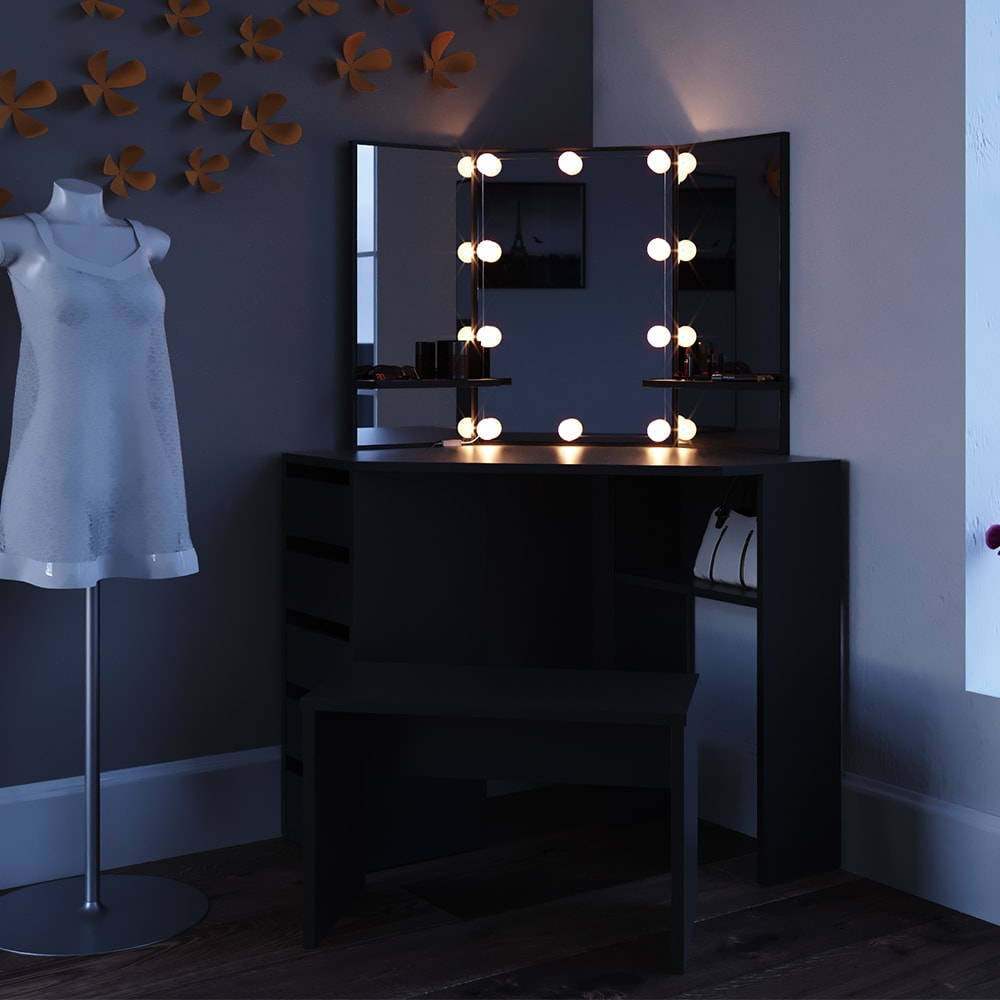 Vicco Eckschminktisch Arielle Frisiertisch Kommode Frisierkommode Spiegel Schwarz inklusive Bank und LED-Lichterkette