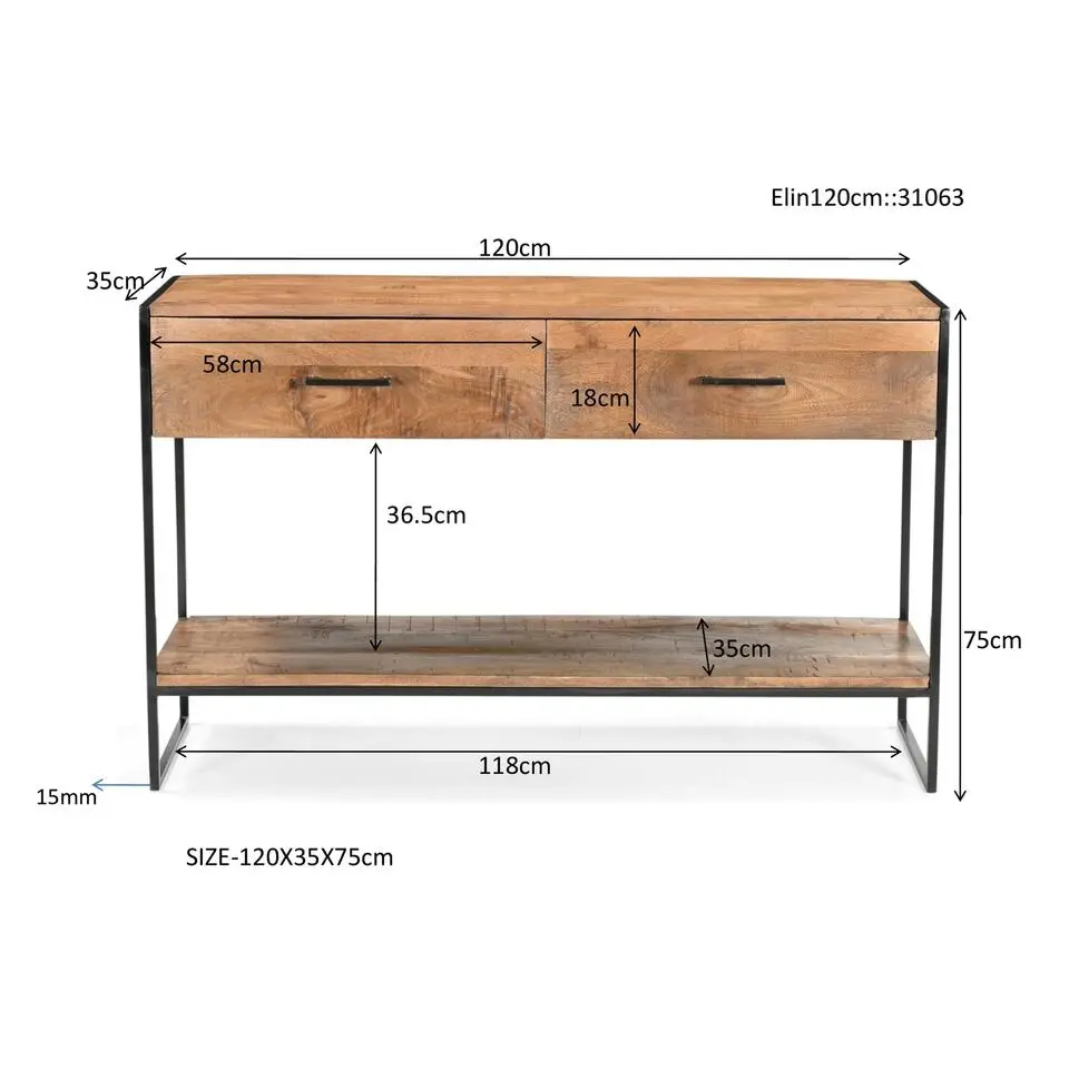 Sidetable Naturel Mangohout - Metaal - 120x35x75cm - Elin