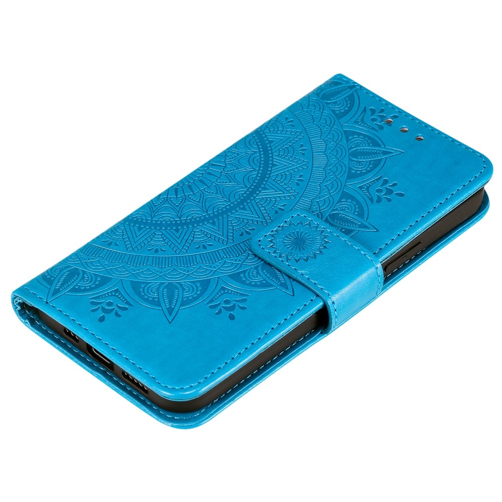 iPhone 12 / iPhone 12 Pro Leder Tasche Wallet - Mandala Flowers Imprint - Blau