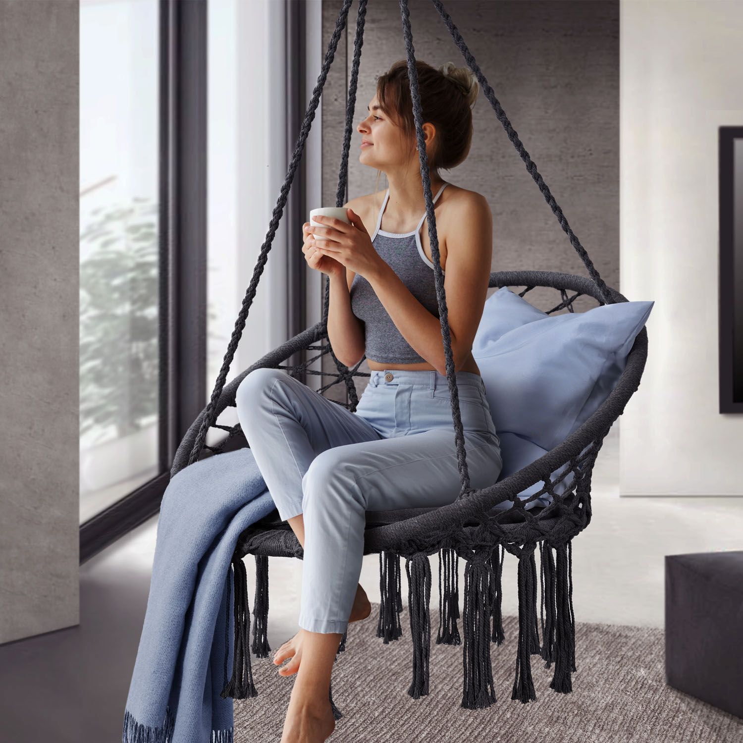 Juskys Hängesessel Cadras anthrazit - 60 cm breites Kissen –Indoor Hängekorb 120 kg Belastbarkeit