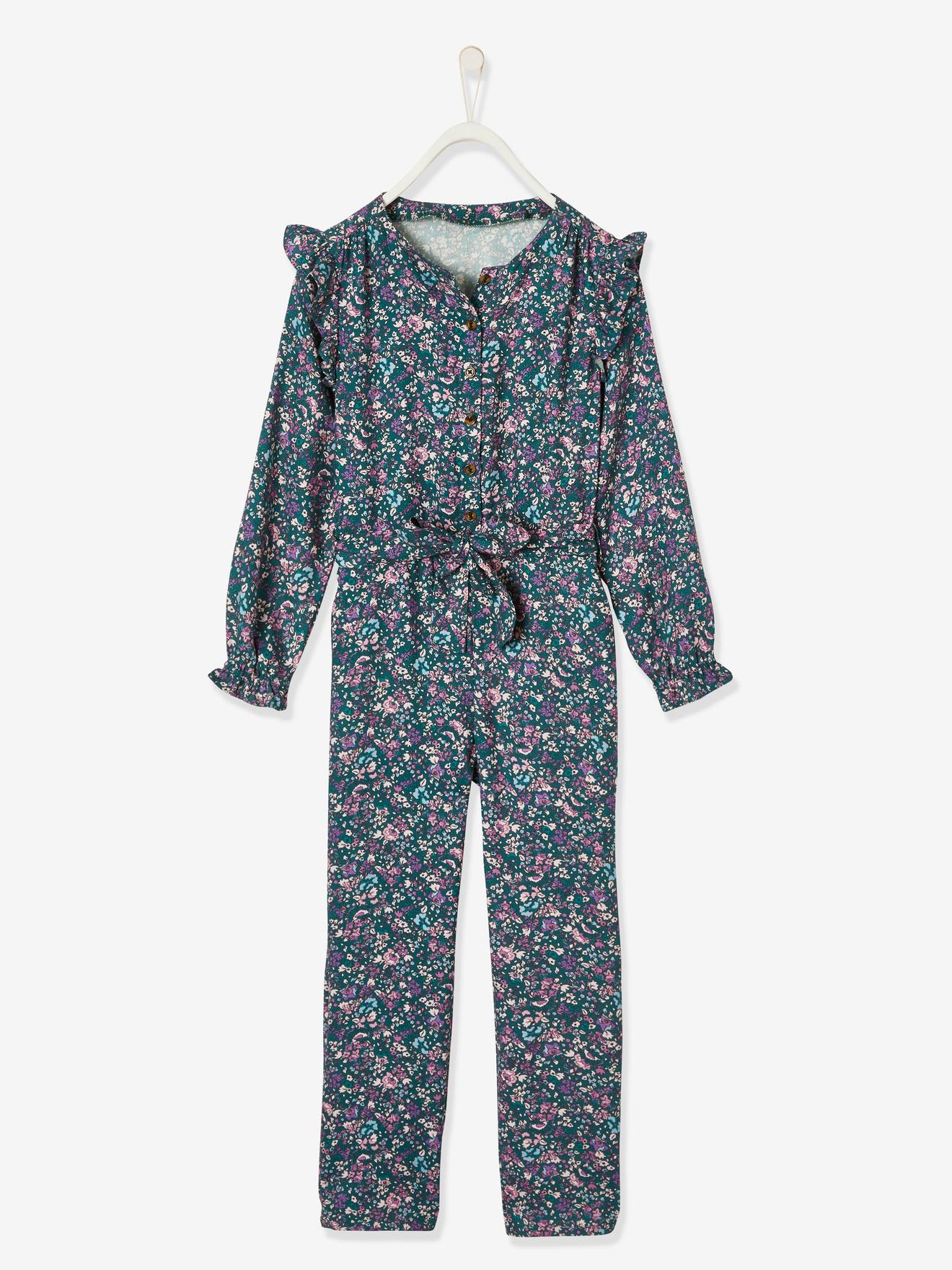 Macacão azul escuro com estampa floral para meninas