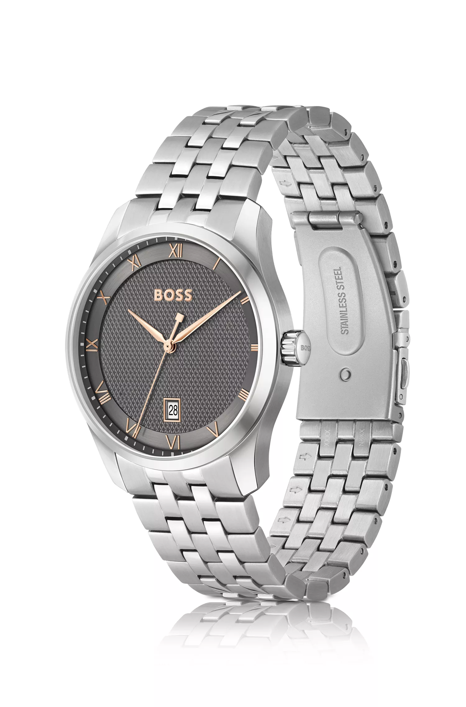 Relógio BOSS com pulseira de elos pretos e mostrador cinza com padrão.