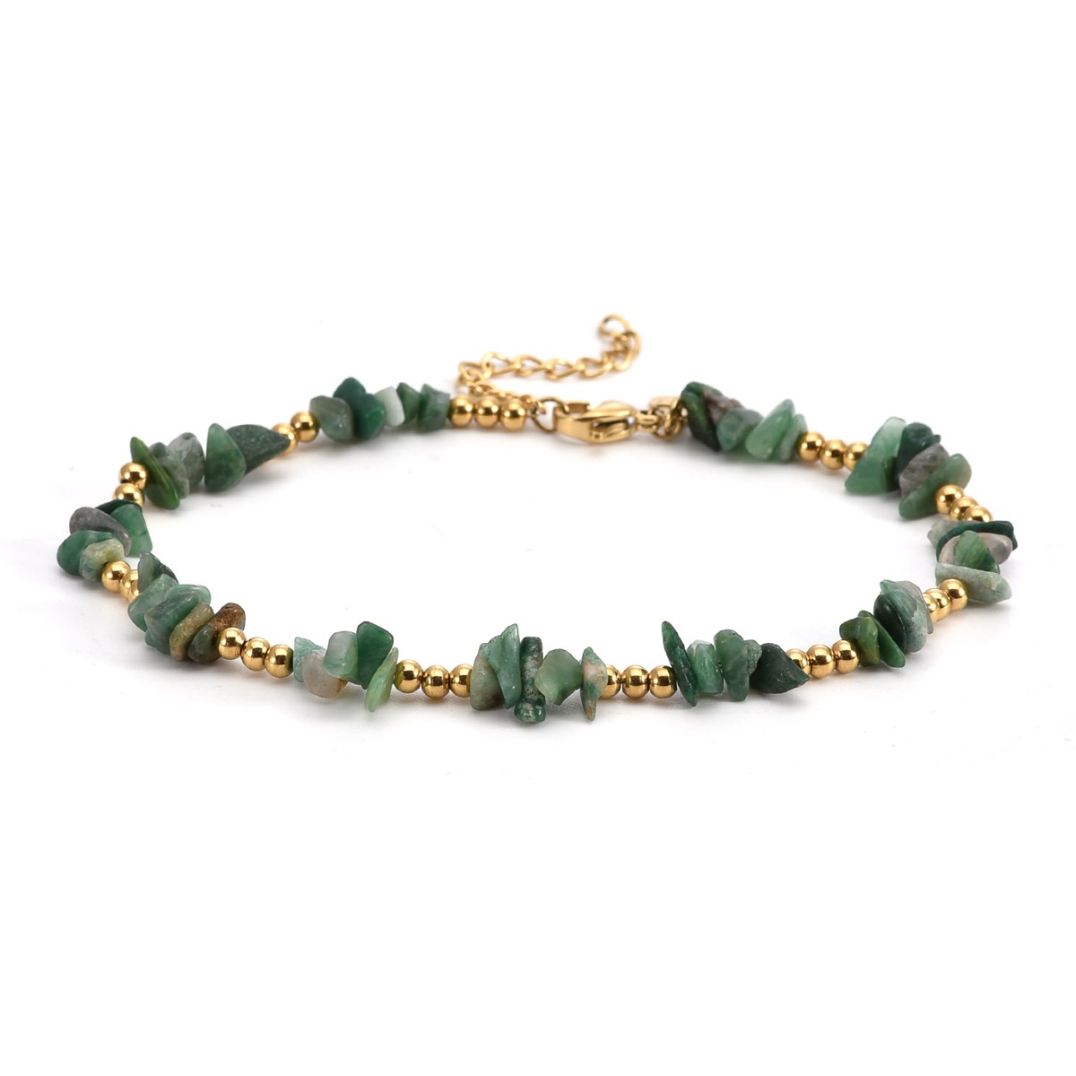 Sixty Stones - 60 - Chaîne De Cheville Perles De Pierre Naturelle Chips Onyx Vert Perles Dorées - 25 X 0,4 Cm-