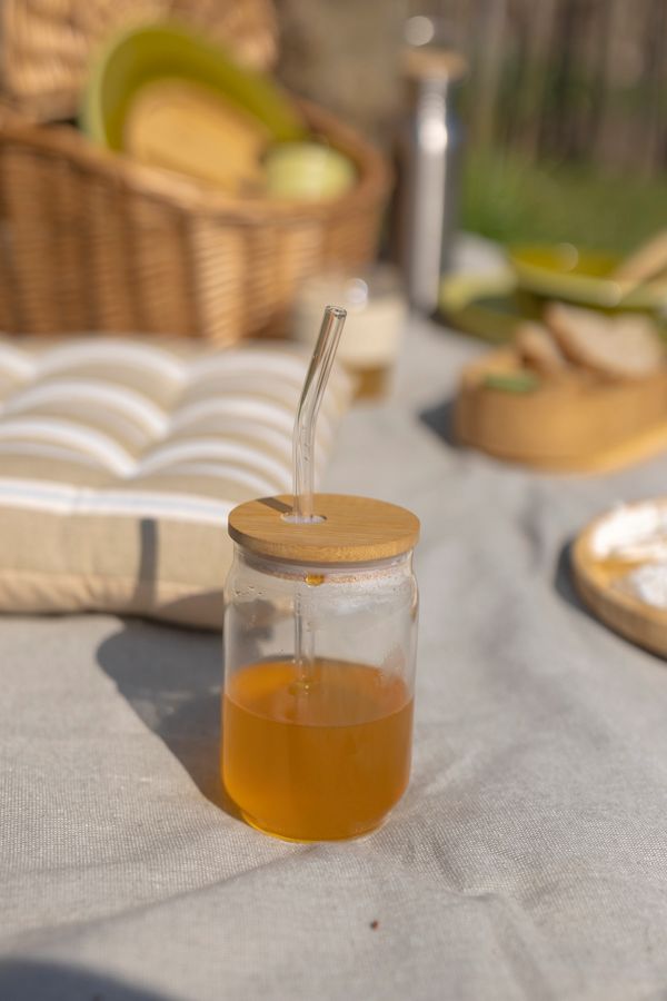 Glas met bamboe deksel en rietje, hittebestendig glas
