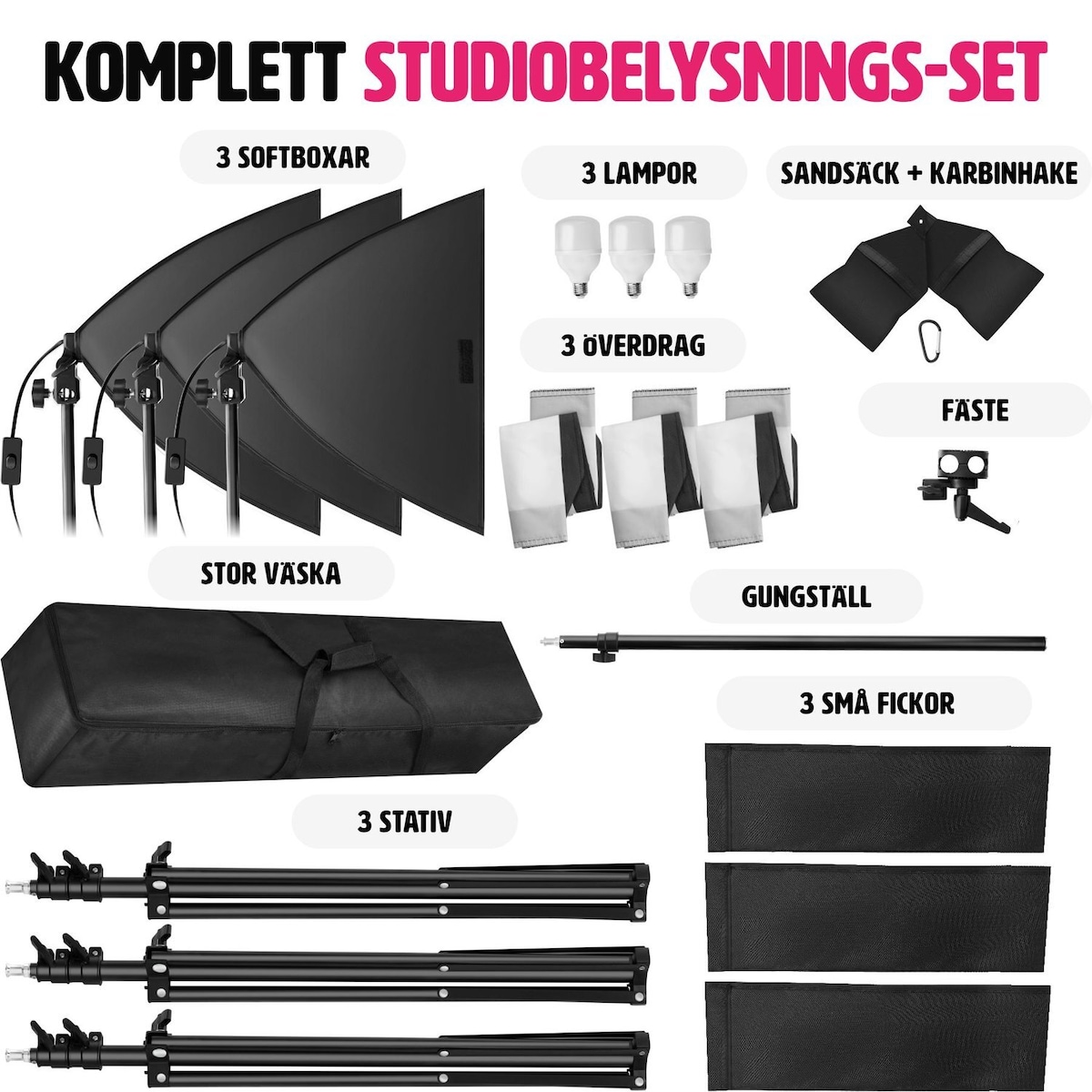 Studiolys sett med glødelampe + softbox - svart