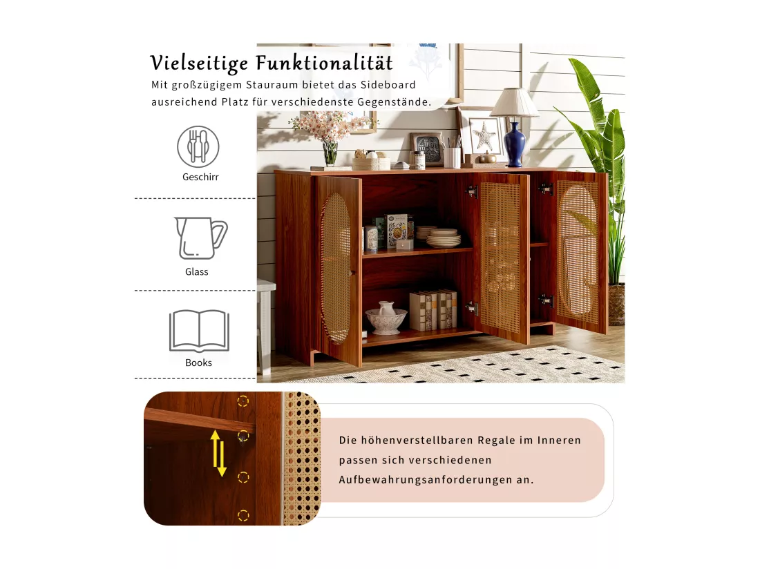 Buffet moderne avec 3 portes en imitation rotin - 125 x 38 x 78 cm - Bois MDF - Noyer