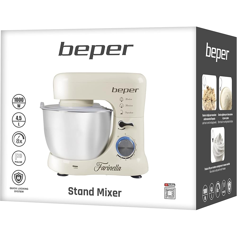 Beper BP.200 Robot pâtissier planétaire, puissance 1000 W, récipient en acier inoxydable de 4,5 L, pour pétrir, amalgamer et monter à neige, couleur crème : Cuisine et Maison