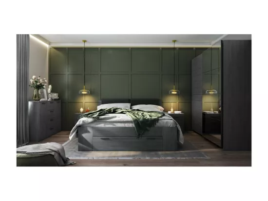 Chambre à coucher FLOYD : Armoire 200cm, Lit 180x200, commode, chevets. Coloris gris effet bois.
