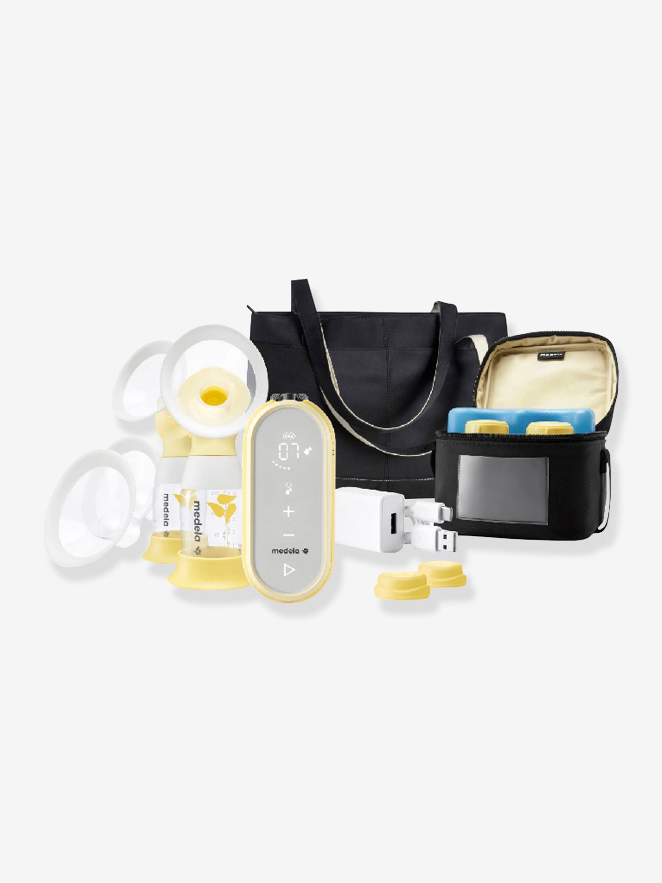Bomba tira-leite elétrica dupla recarregável Medela Freestyle Flex + 4 funis lisos amarelo-claros com estampa