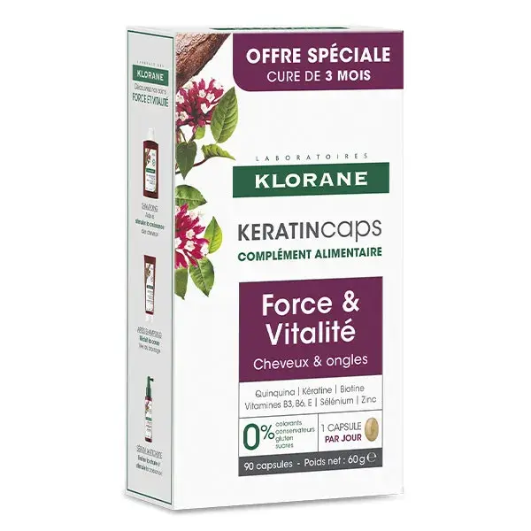 Klorane Keratincaps Força e Vitalidade para Cabelos e Unhas, caixa com 90 cápsulas.