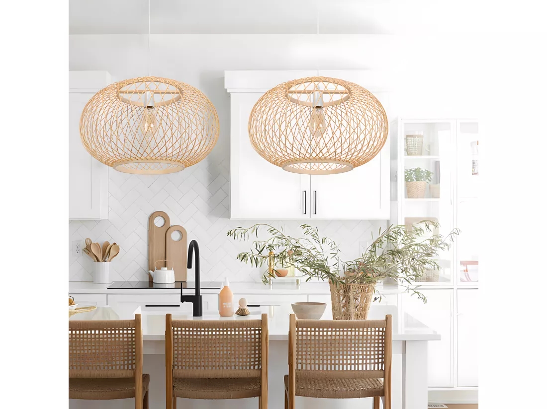 Lustre rotin suspension rotin naturel d40 cm x h28 cm - sphérique