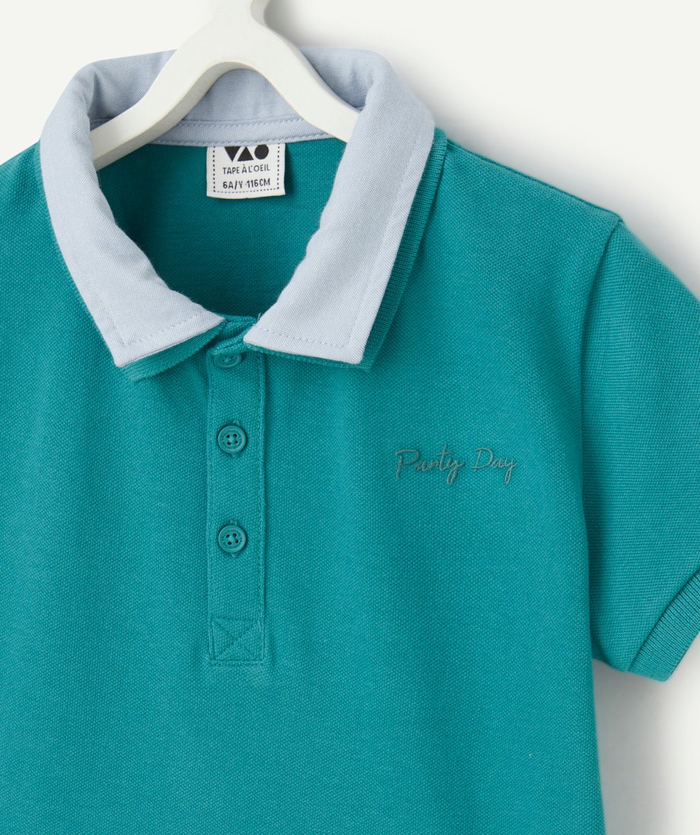 polo manches courtes garçon en coton bio effet 2 en 1 avec message