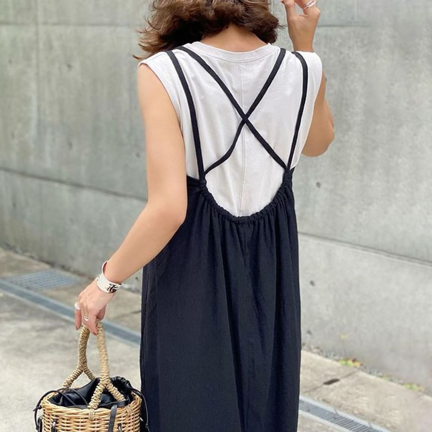 Lewwe - Spaghettibandjes Scoop Neck Effen Maxi Overall Jurk