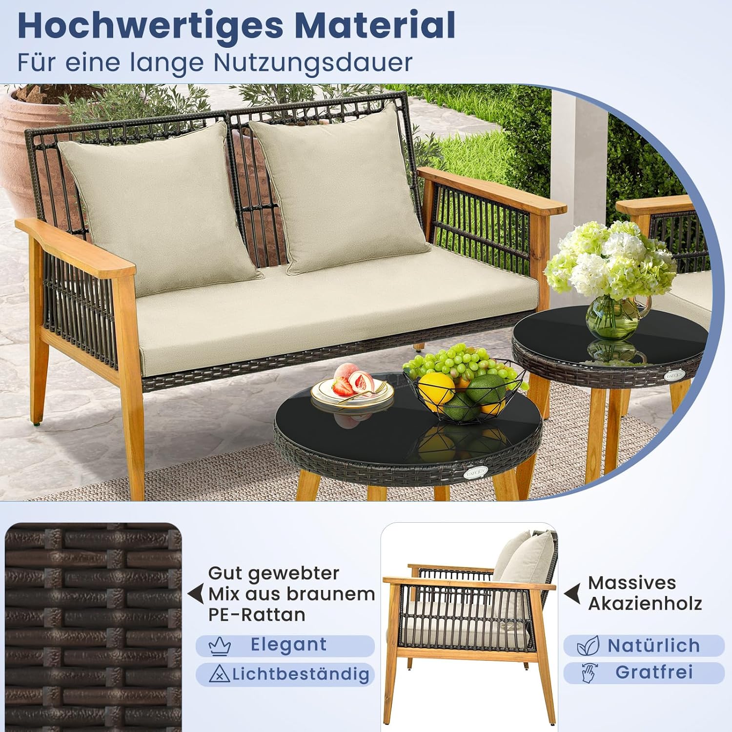 COSTWAY 5-teiliges Rattan Gartenmöbel Set Akazienholz, Gartenbank & 2 Gartenstühle & 2 Couchtische, Sitz- und Rückenkissen, Terrassenmöbel Polyrattan Sitzgruppe für Hinterhof, Poolbereich