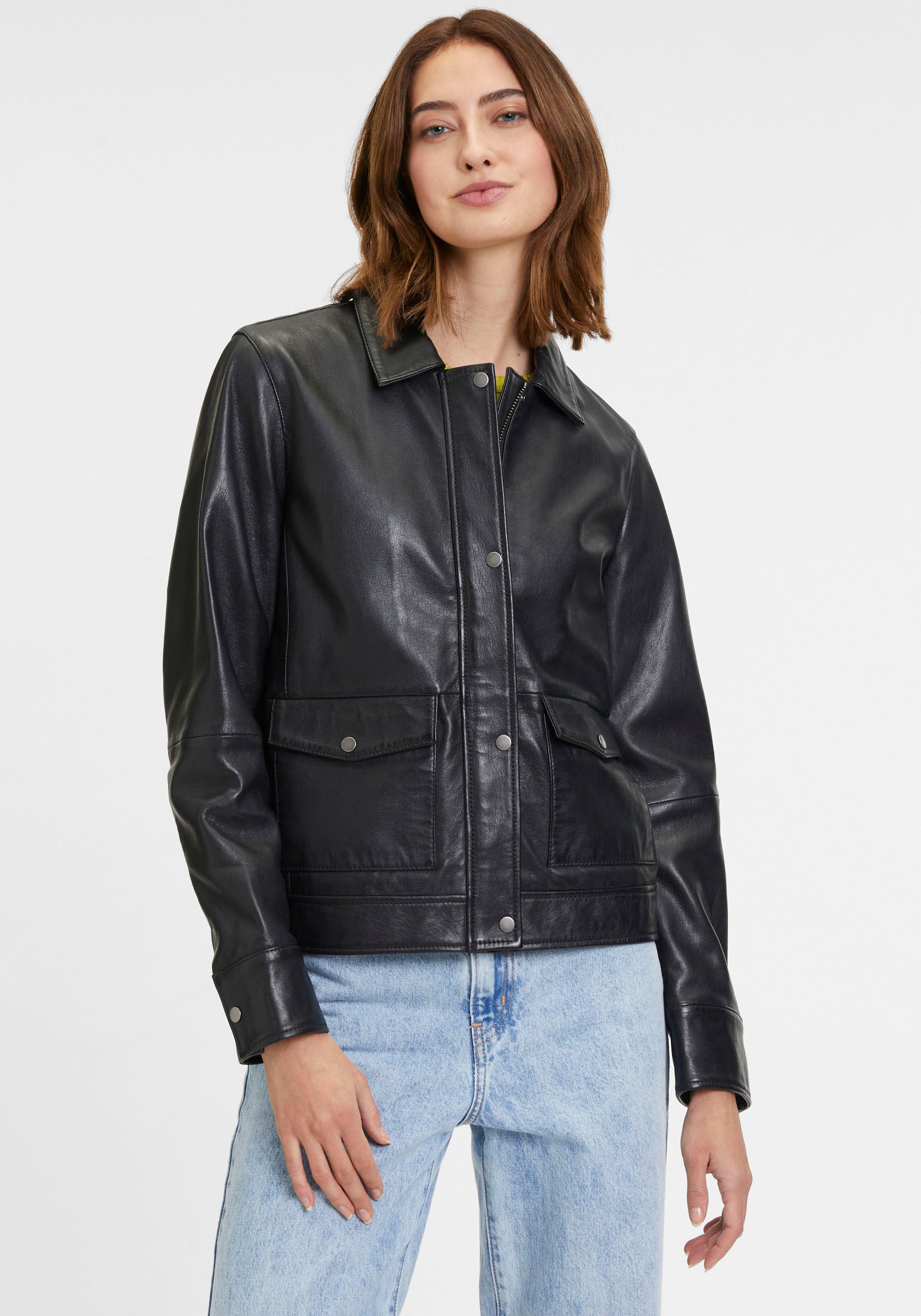 Mauritius Lederjacke »GWYunni« mti verdecktem Reissverschluss, Druckern, aufesetzte Taschen
