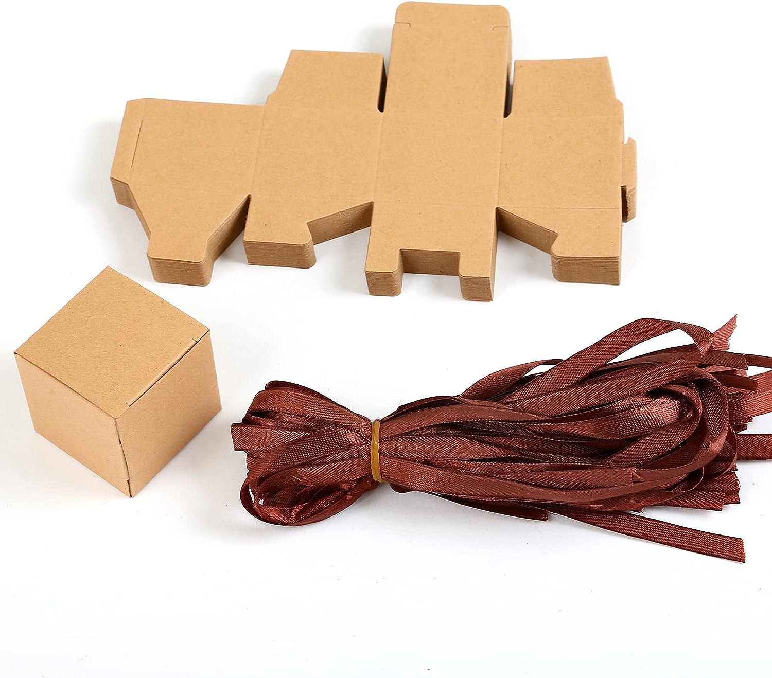 (50er Set) 55x55mm Mini Geschenk Schachtel Faltbare Gift Box inkl. Schleifen - Braun