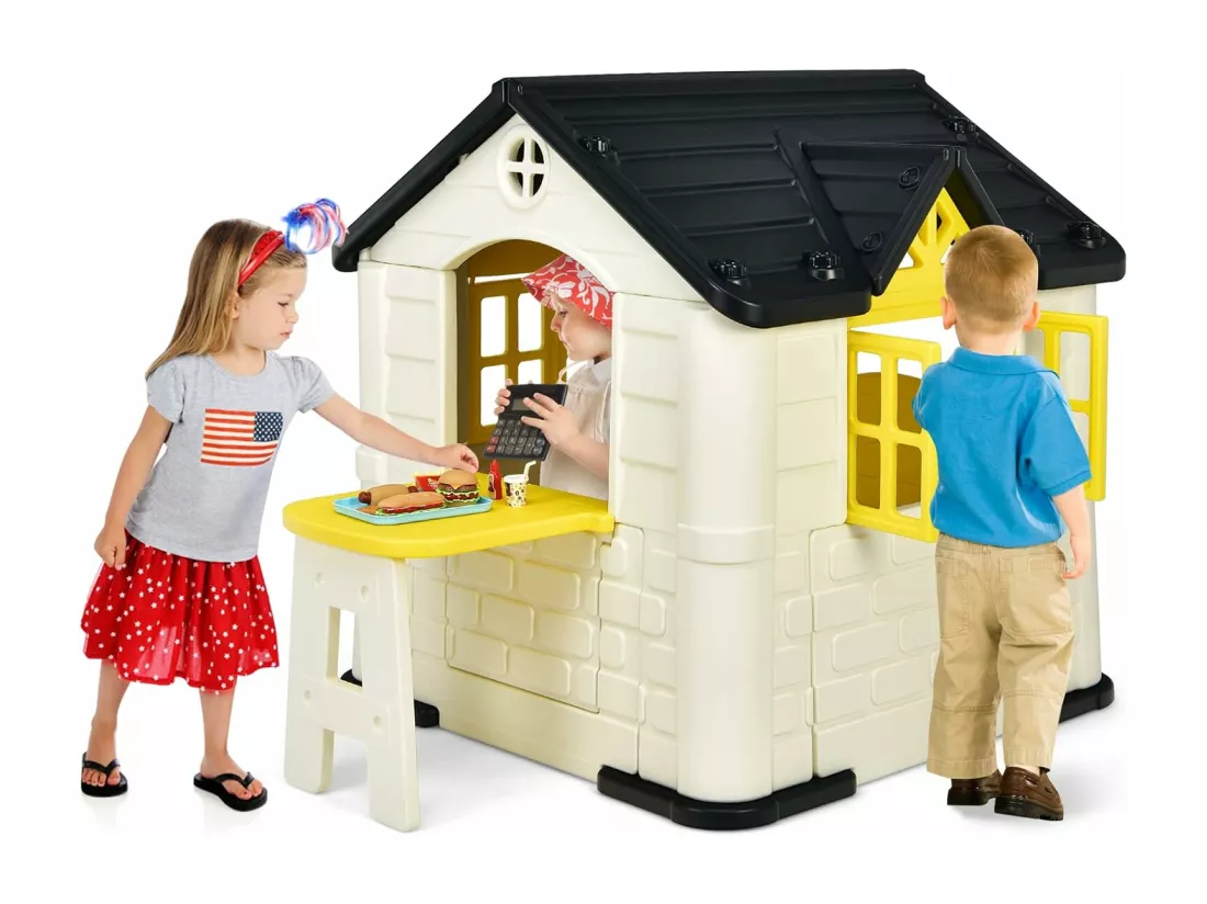 Cabane de Jardin pour Enfant - Table de Pique Nique, Maison Enfant Exterieur -Thème Burger Bar - en Plastique 164x124x132 cm Jaune