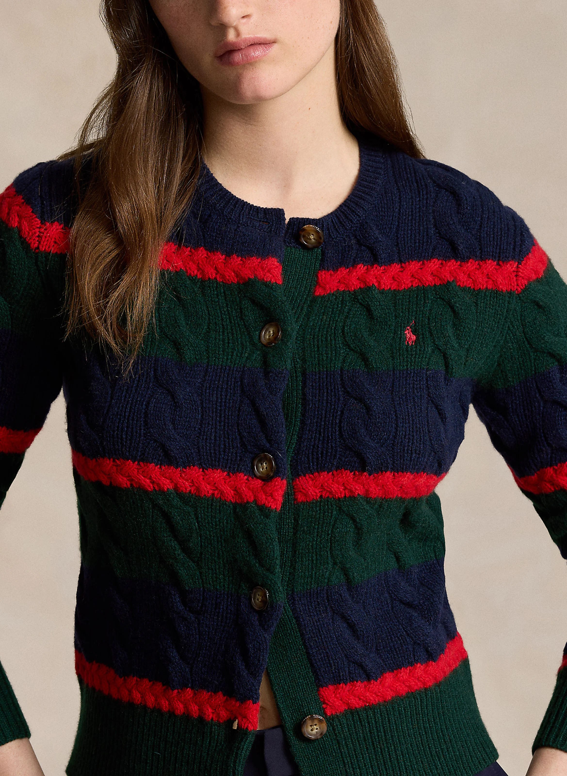 Gilet droit col rond rayé en laine te cachemire | Multicolore
