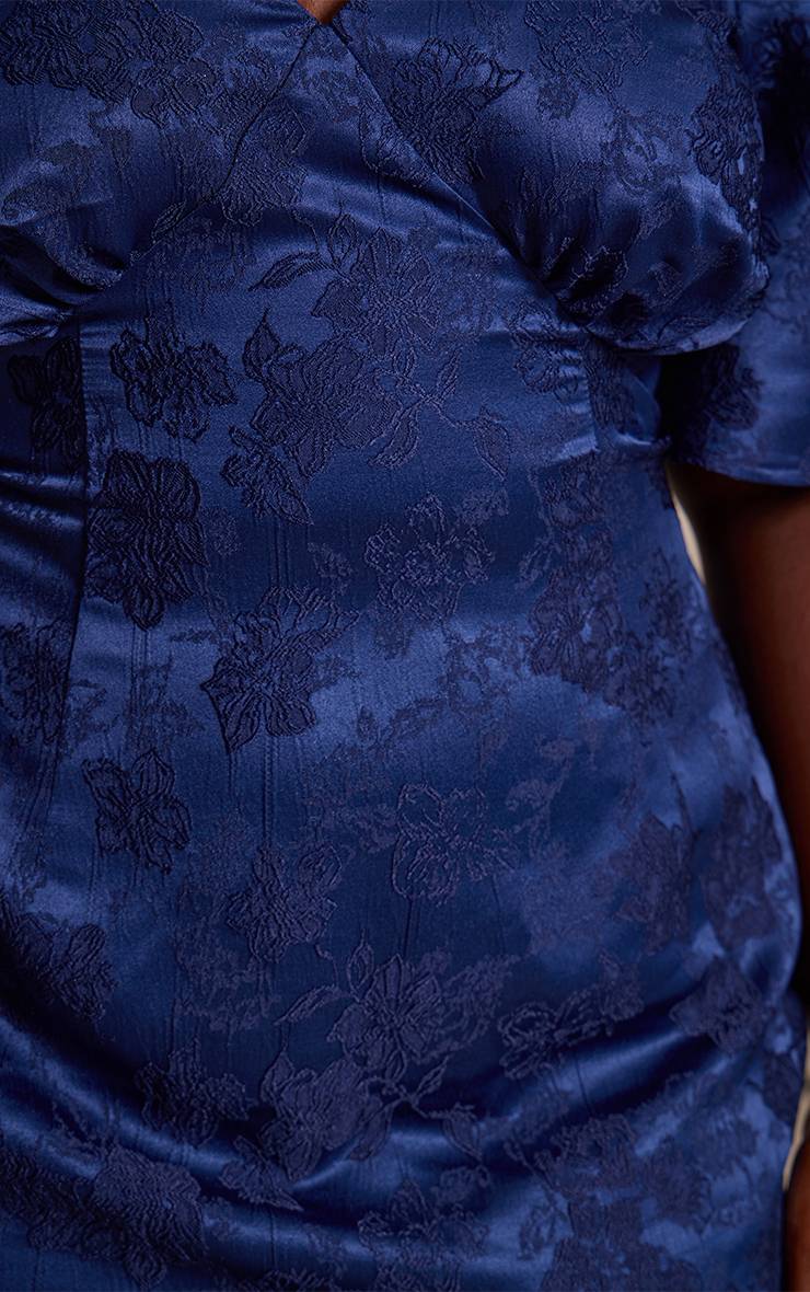 Bleu Marine Robe Midi Grande Taille À Décolleté Plongeant, Manches Bouffantes Et Jacquard Fleuri