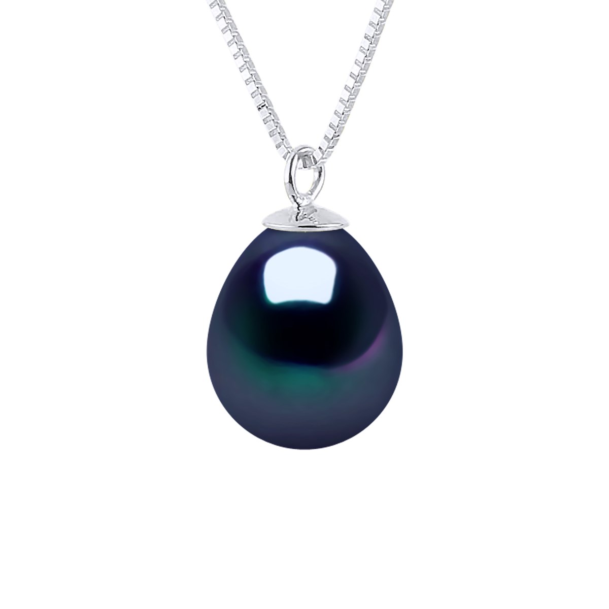 Collier Perle de Culture d'Eau Douce Poire 8-9 mm Noire Chaîne Or Blanc