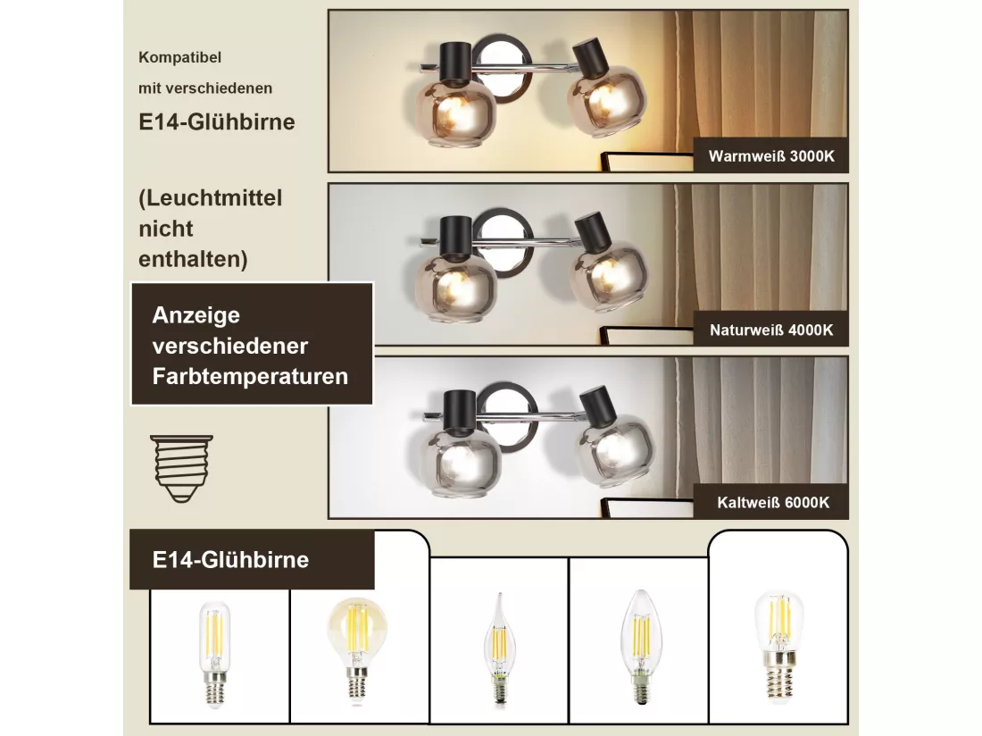 Plafonnier Spot E14 Moderne Verre Fumé 2 Flammes Plafonnier Orientable 350°