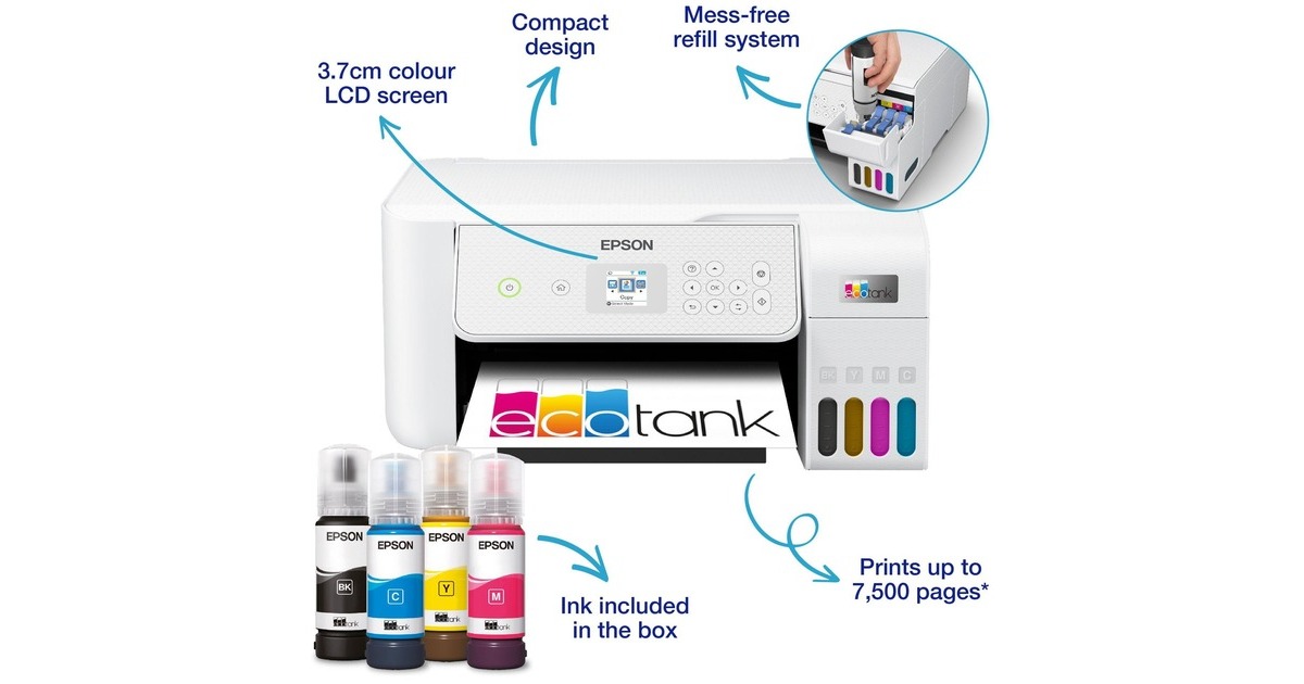 EpsonEcoTank ET-2876 A4 multifunctionele Wi-Fi-printer met inkttank all-in-one inkjetprinter  (Wit, Scannen, Kopiëren, Wi-Fi, inclusief tot 3 jaar inkt)