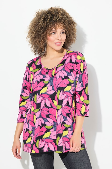 Shirt, Blätter, A-Linie, V-Ausschnitt, 3/4-Arm