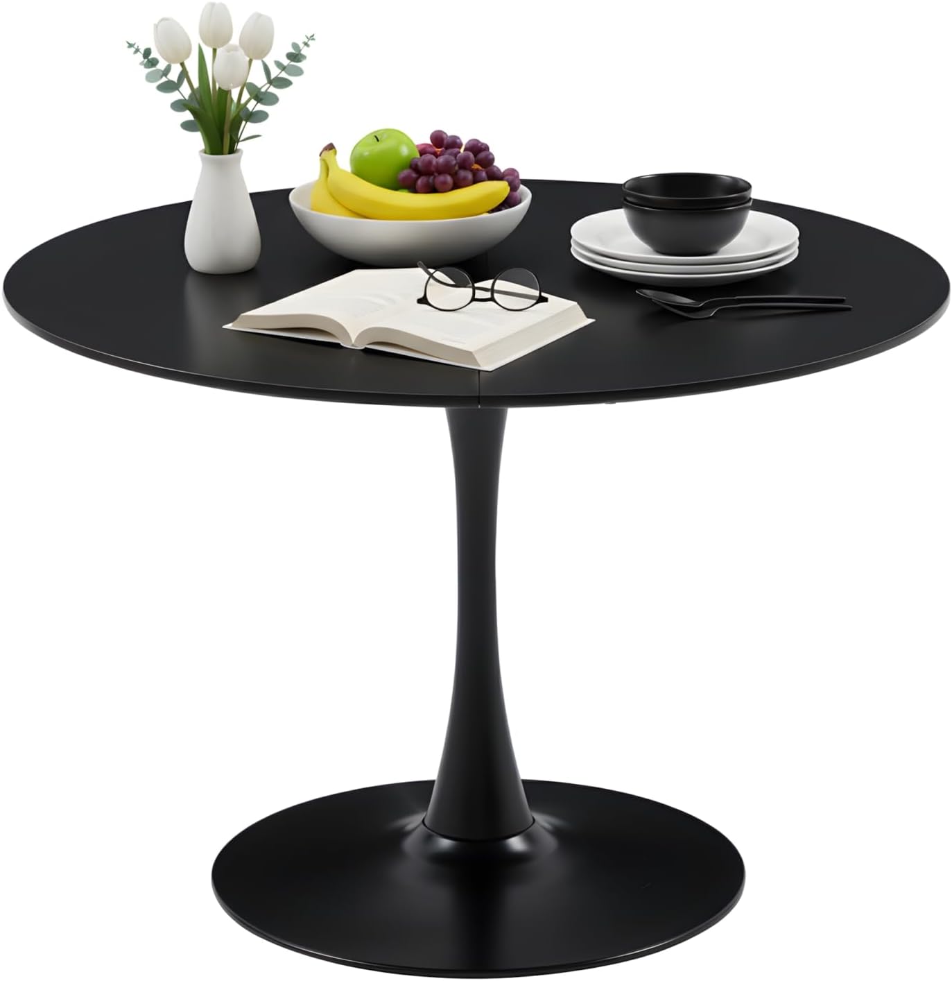 Runder Esstisch Schwarz de 110cm de Durchmesser für 4-6 Personen, Moderner Esstisch Rund Schwarz Küchentisch Esszimmertisch mit Metallbein Tisch Rund für Küche Esszimmer Wohnzimmer Café CA4147438