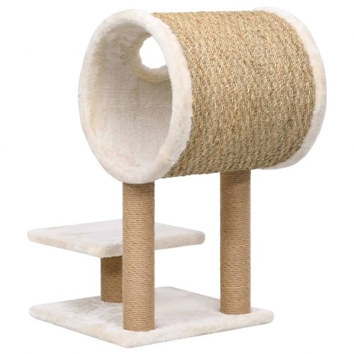 Arranhador bege para gatos com túnel e plataforma.