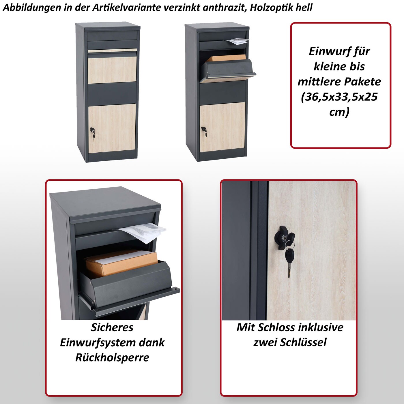 Paketkasten MCW-G80, Paketbox Standbriefkasten Briefkasten Größe L ~ verzinkt anthrazit, Holzoptik hell