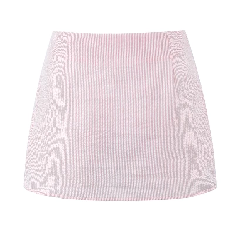 Ulark - Gestreepte cami-top met strik en kant / Mini-A-lijn rok met hoge taille en split