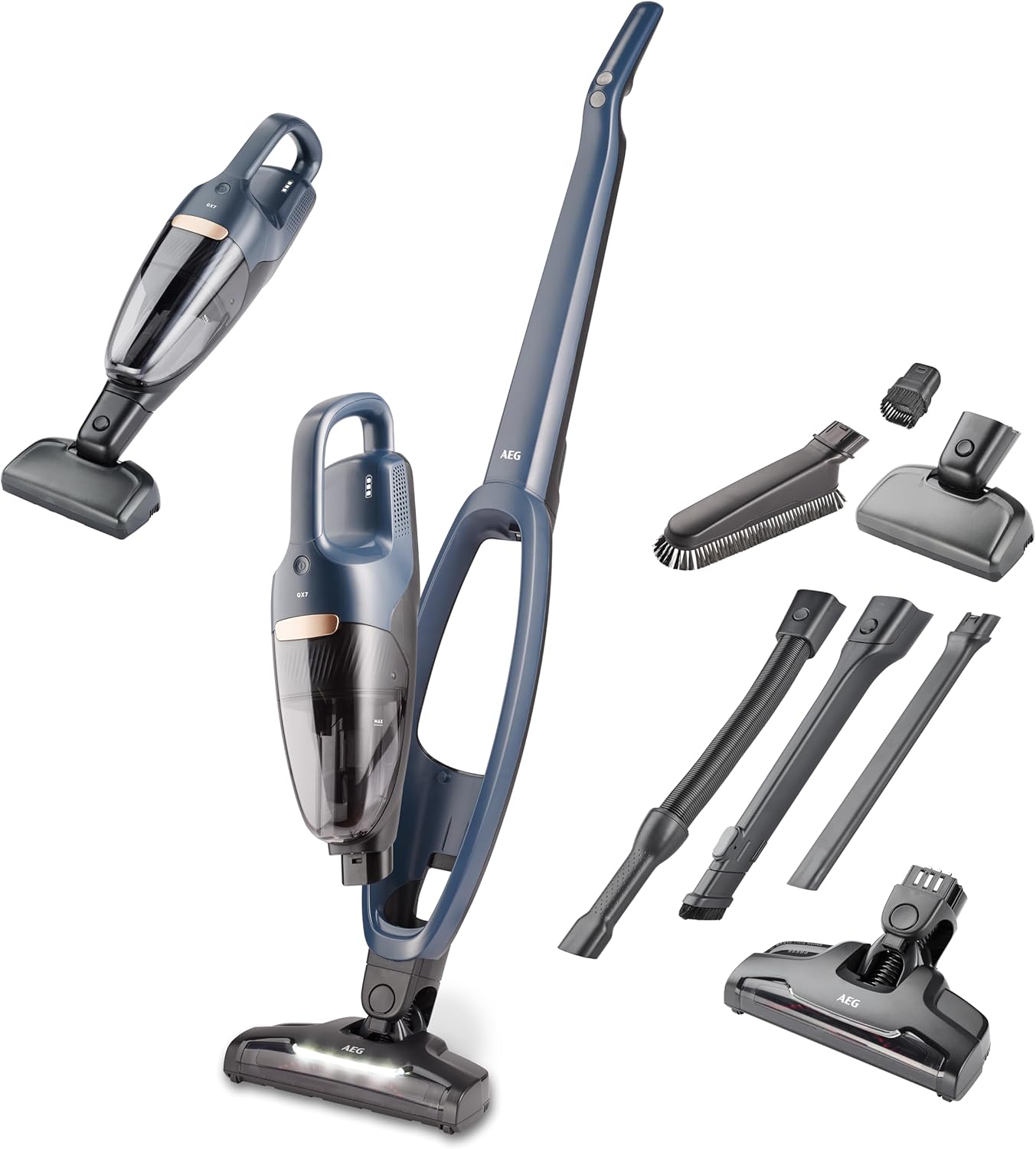 AEG 2in1 Akku Staubsauger, schlanke Bauform, Multi-Bodendüse, PetPro-Elektrosaugbürste, Tiefenreinigung, bis zu 50 min Laufzeit, 21,6 Volt, inkl. Zubehör, freistehend, Hygienefilter, blau, QX7-1-I360