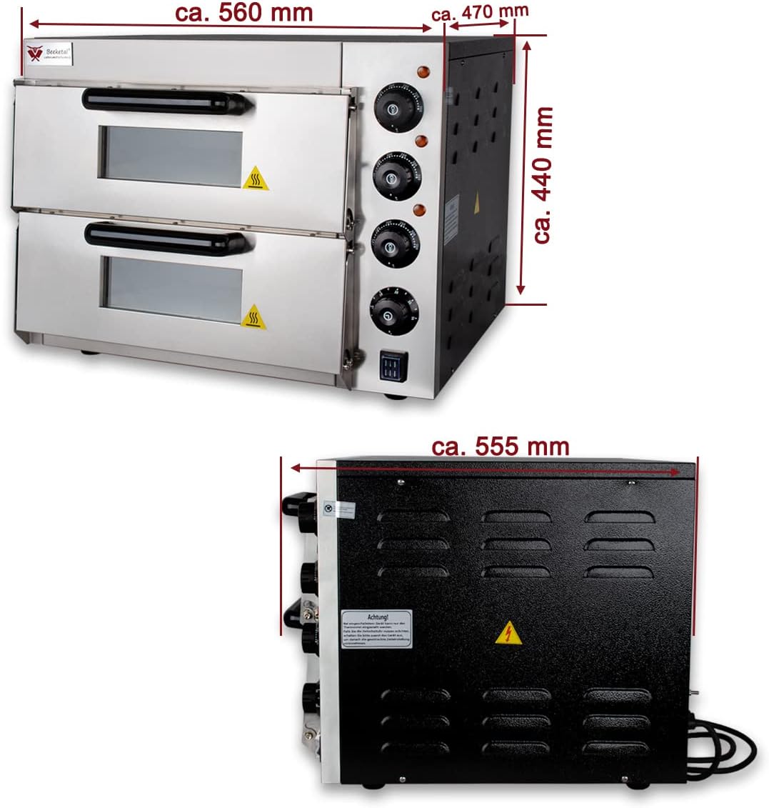 Beeketal 'BPO33-2' Profi Doppel Kammer Pizzaofen mit 2x 400x400 mm Schamottstein, Gastro Steinbackofen für Pizza und Backwaren, Leistung 3000W, Pizzabackofen Temperatur bis zu 350°C