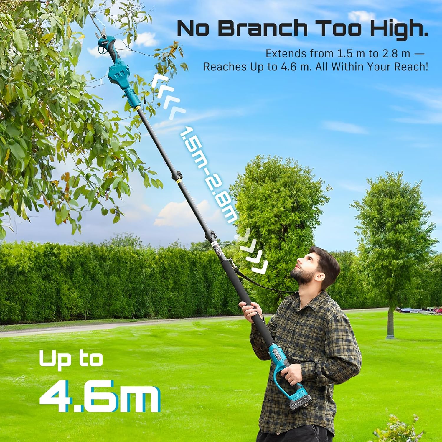 SEESII Akku Astschere Teleskop, Elektrische Gartenschere mit Teleskopstange bis 4,57m Reichweite, 2x2000mAh Batterien, 33mm Akku Baumschere & Astschere für Garten