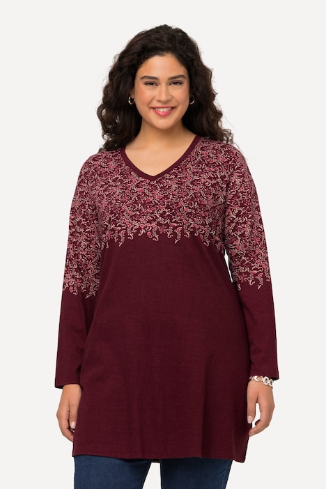 Longshirt, A-Linie, bedruckte Büste, V-Ausschnitt, Langarm