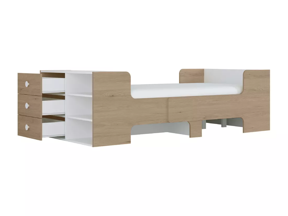 Lit évolutif 90 x 140/170/200 cm avec rangements - Coloris : Naturel et blanc + Matelas - GAROLIO