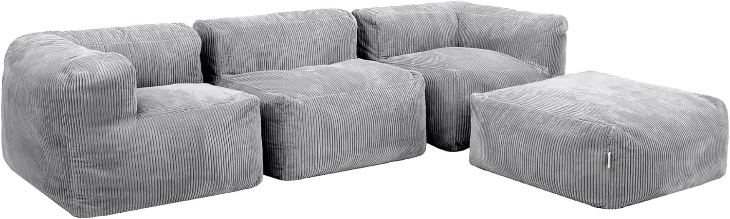 Icon Zen Modular Sofa für Erwachsene, Grau, Flauschiger Cordstoff, 3 Sitzer Ecksofa, Bequemer Bean Bag Sofa mit Schaumstoff Füllung, Relaxsessel, Lounge, Wohnzimmer Möbel