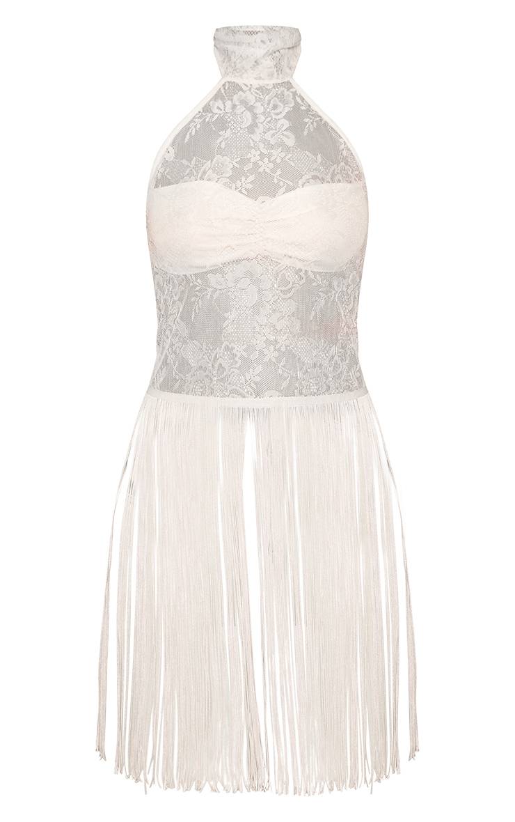 Blanc Top Long En Dentelle Transparente Avec Détails À Pompons