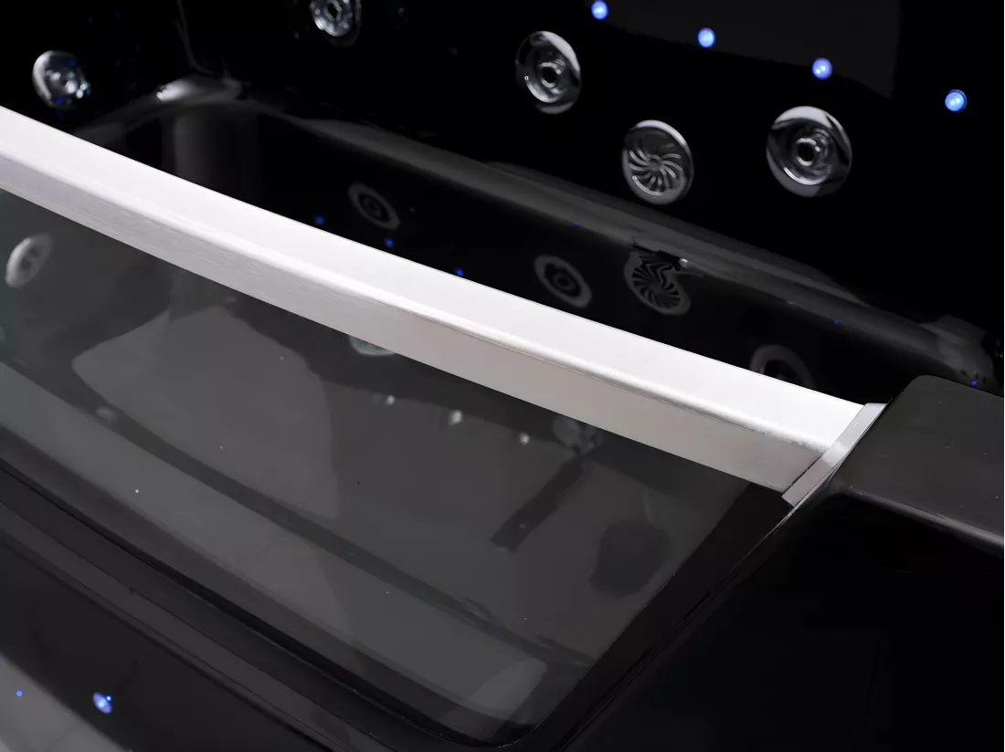 Baignoire balnéo vitrée semi-îlot à leds DYONA - 1 place - 260L - 170*85*58cm - Noir brillant