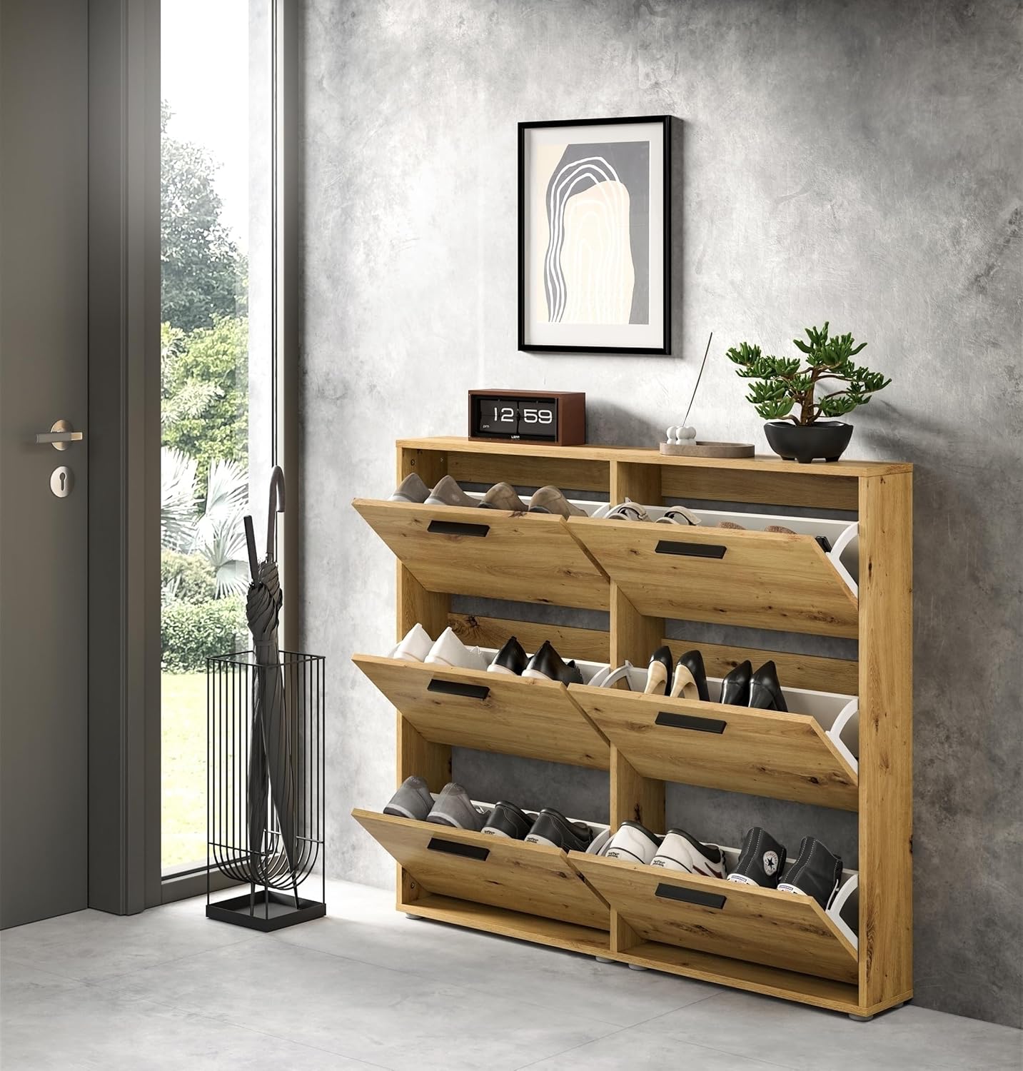 möbelando Schuhkipper >See< in Artisan Eiche Optik - Praktisches Schuhregal Schuhschrank zur platzsparenden Aufbewahrung von Schuhen -Schuhkommode 116 x 103 x 17 cm (B/H/T)